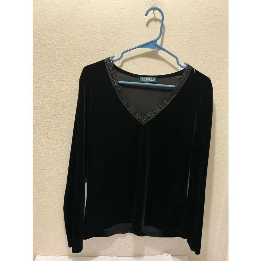 Lauren Ralph Lauren Black Velvet V-Neck Top with Lace Trim Detail